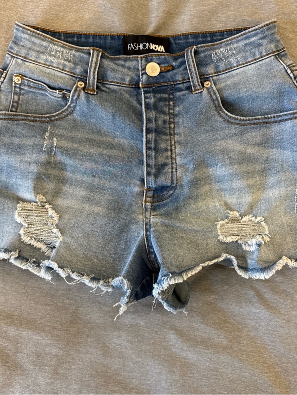 Fashion Nova Light Blue Jean Shorts with Gold Stitching